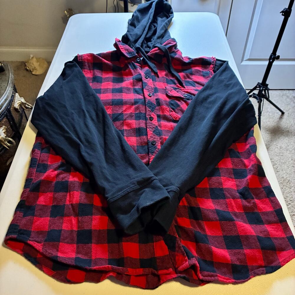 Rude Mens Hooded Buffalo Plaid Flannel Shirt Hoodie Red Black Size L John Bender